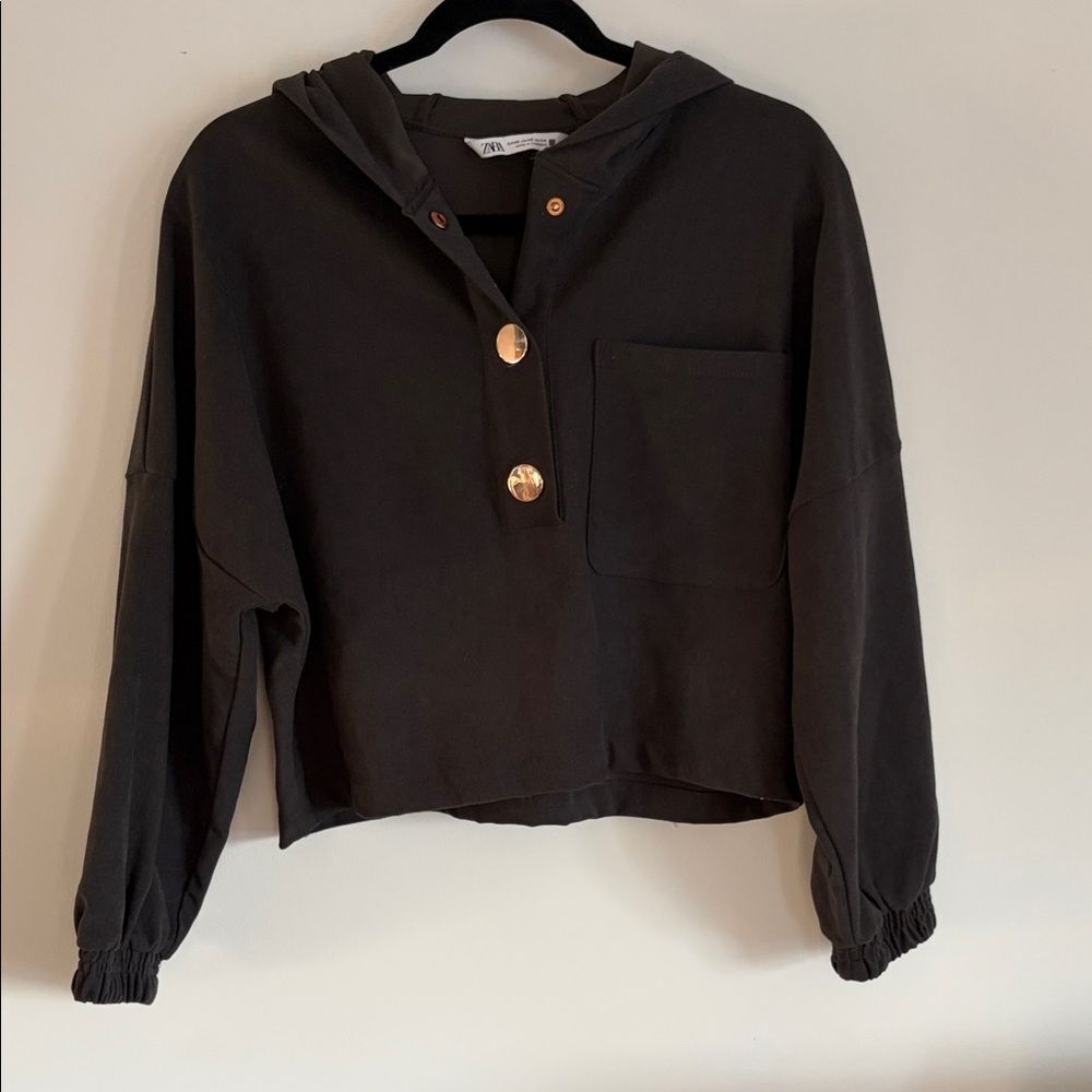 Zara Cropped Hoodie with Gold Buttons- deep olive/gray 🫒